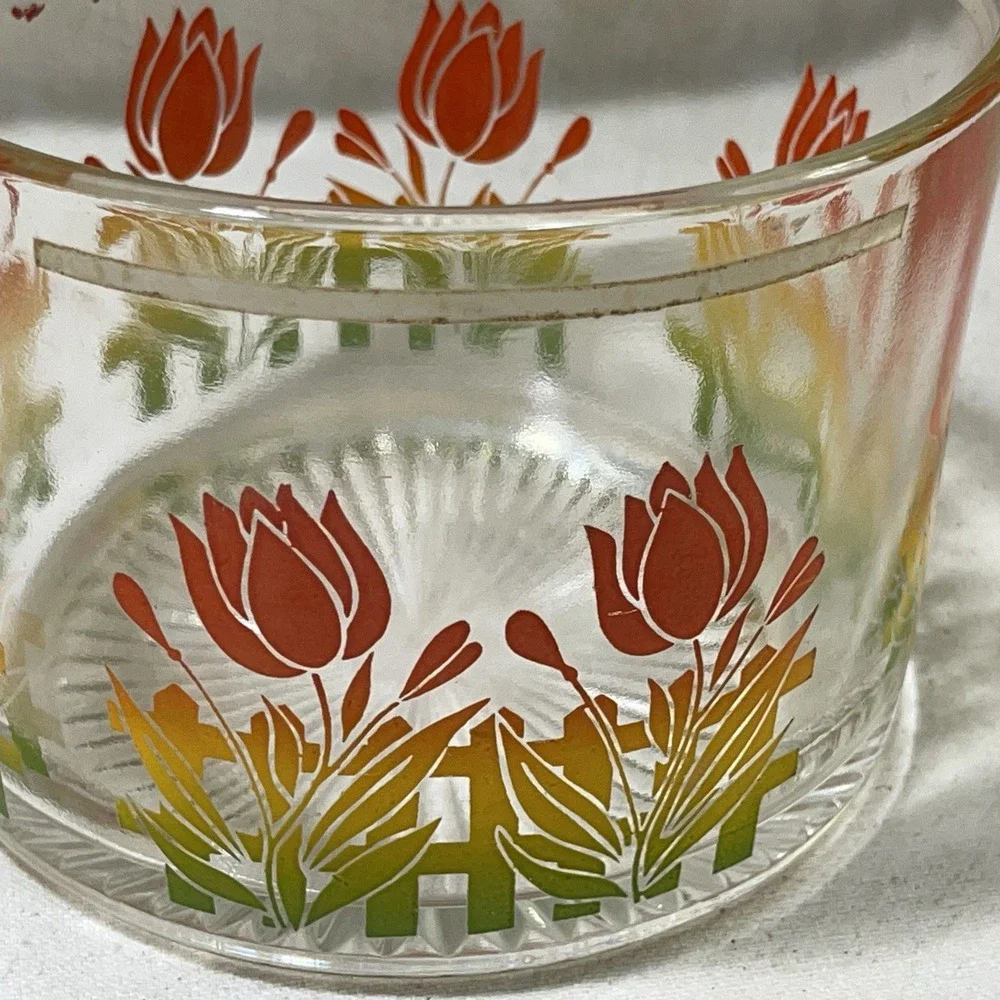 VTG‎ MCM Retro Glass Barware Ice Bucket Bowl Orange Red Yellow Tulip Flower RARE